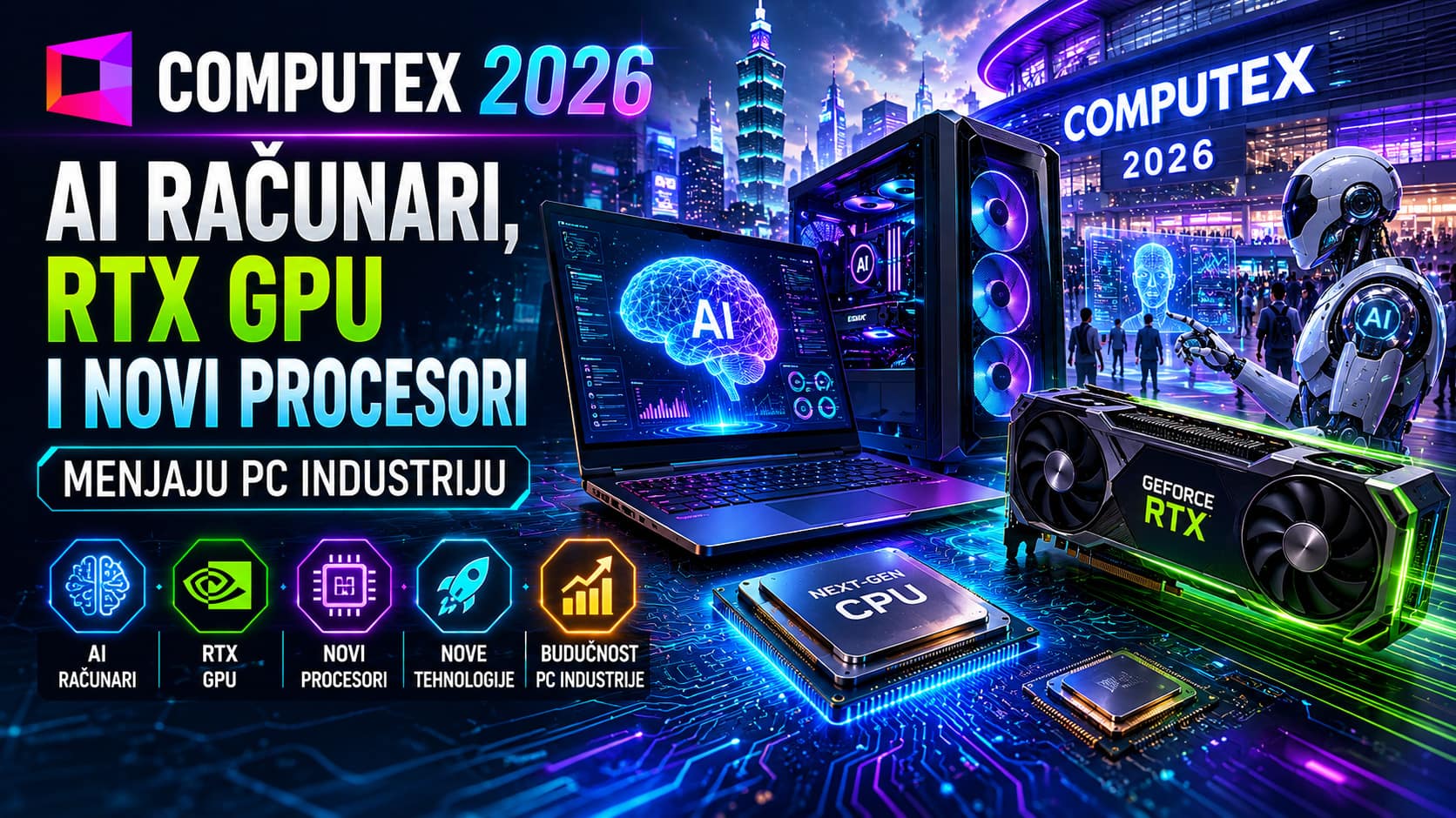 Computex 2026 sajam tehnologije prikazuje AI računare, RTX grafičke kartice i nove procesore koji donose velike promene u PC industriji.