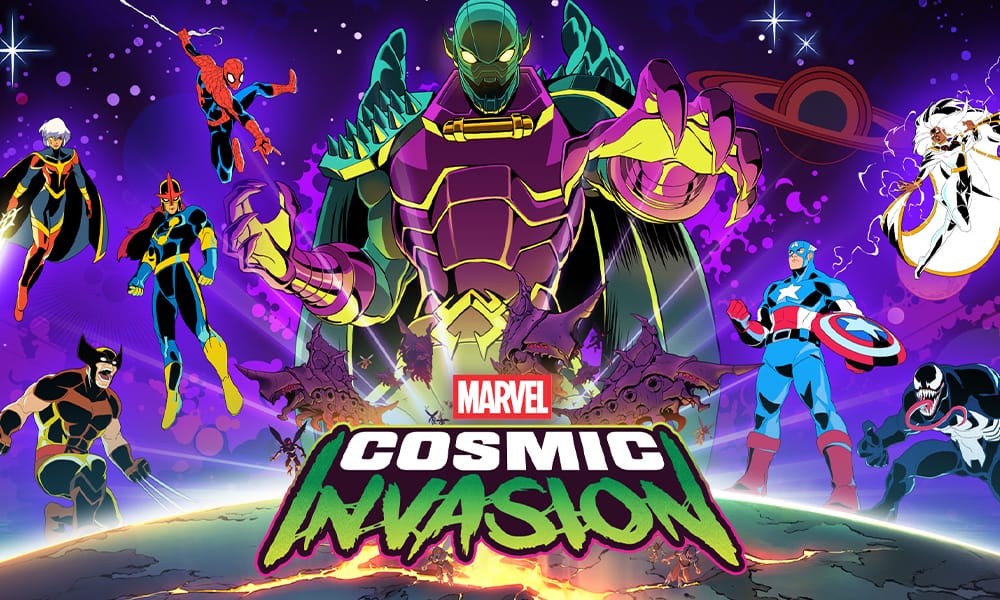 Marvel Cosmic Invasion key art sa Spider-Manom, Kapetanom Amerikom, Wolverinom, Venomom, Storm i Novom koji se bore protiv Annihilusa tokom kosmičke invazije koja preti Zemlji.