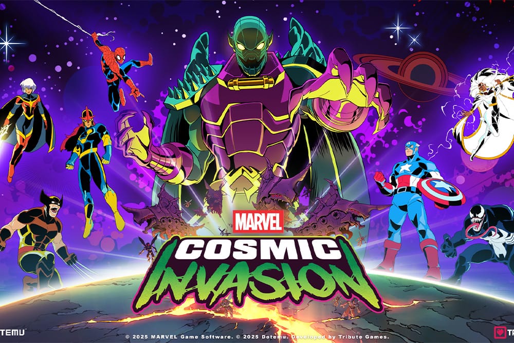 Marvel Cosmic Invasion key art sa Spider-Manom, Kapetanom Amerikom, Wolverinom, Venomom, Storm i Novom koji se bore protiv Annihilusa tokom kosmičke invazije koja preti Zemlji.