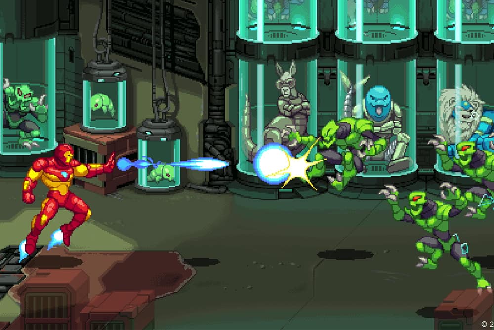 Marvel Cosmic Invasion gameplay prikazuje Iron Mana kako koristi repulsor zrake protiv vanzemaljskih neprijatelja u laboratoriji punoj eksperimenata, u retro pixel-art okruženju.