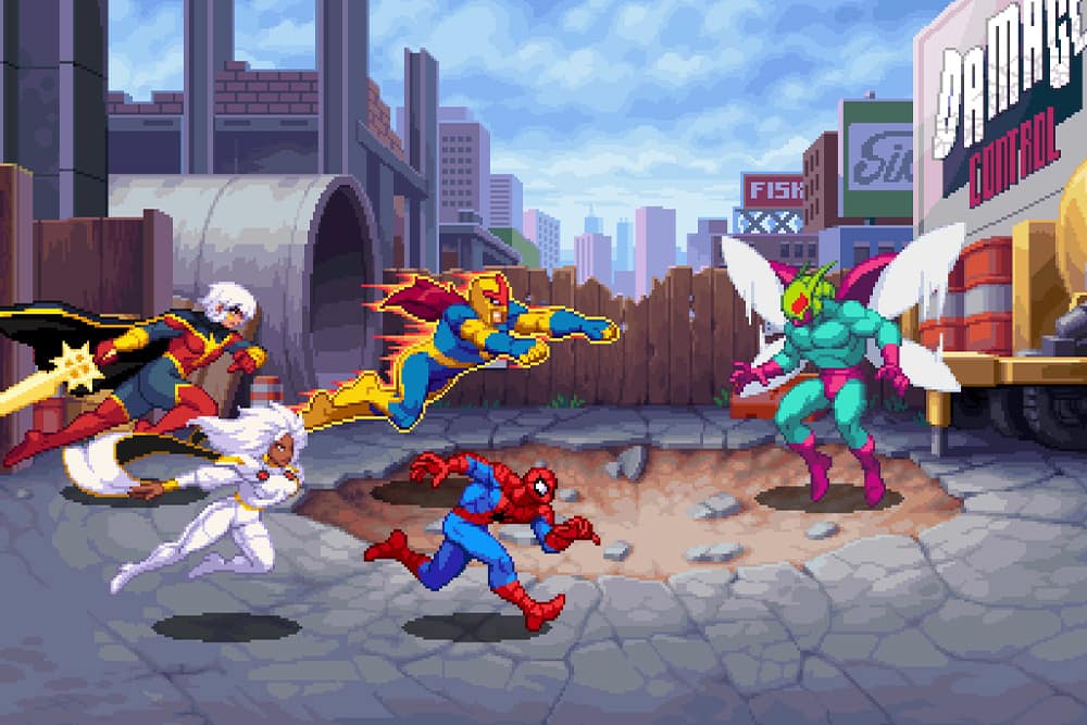 Marvel Cosmic Invasion gameplay prikazuje Spider-Mana, Storm, Novu i Phylu-Vell kako zajedno napadaju protivnika na gradilištu u kooperativnom multiplayer modu.