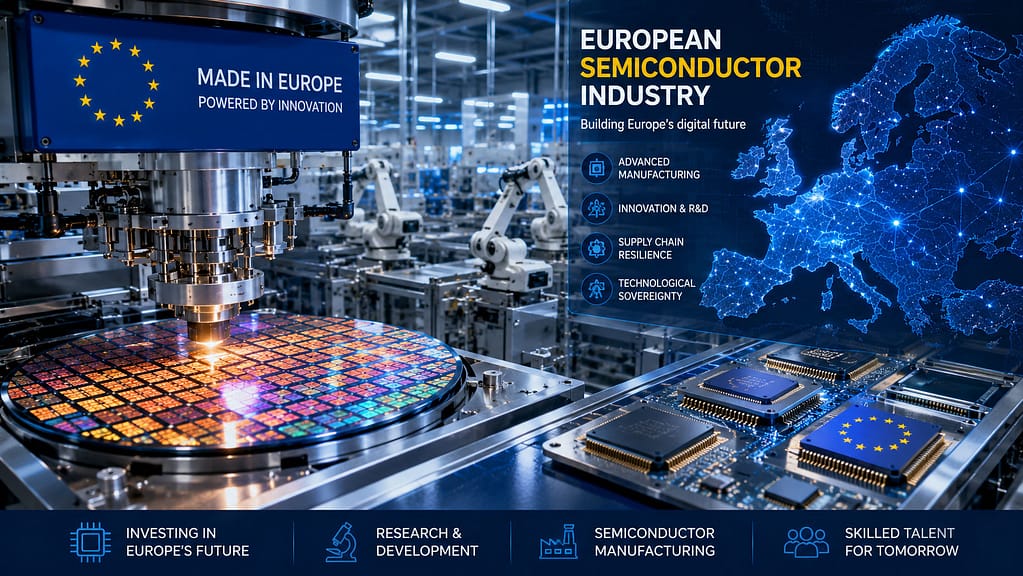 Proizvodnja poluprovodnika u Evropi sa modernom fabrikom čipova, automatizovanom opremom i naprednim tehnologijama za razvoj evropske industrije čipova.