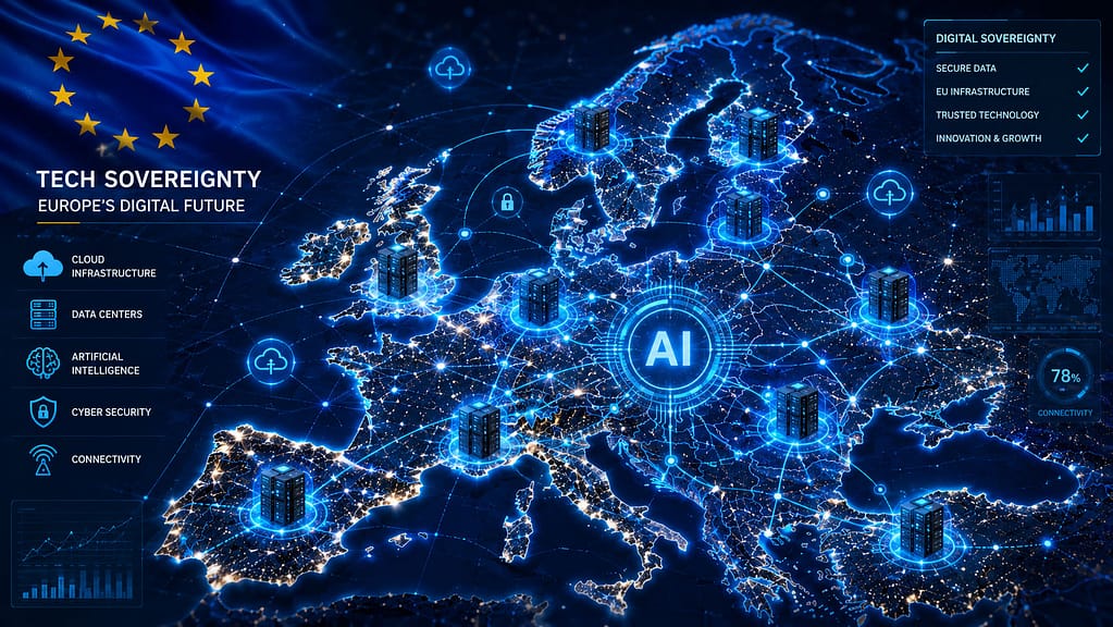 Tech Sovereignty u Evropi prikazan kroz digitalne mreže, AI tehnologije, servere i cloud infrastrukturu povezanu širom Evropske unije.