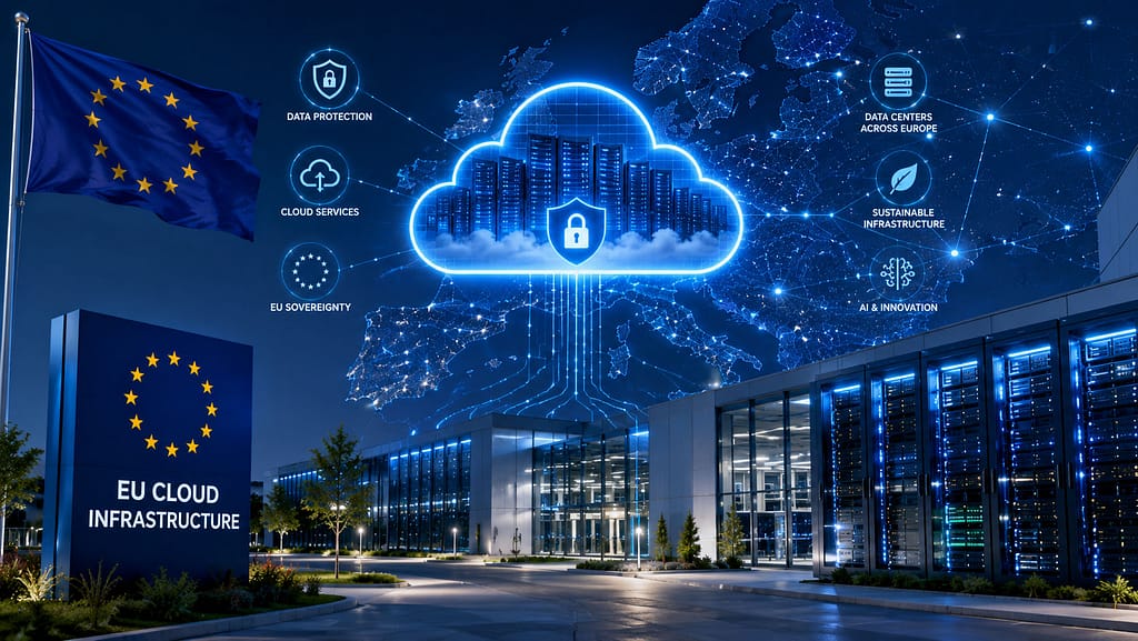 Evropska cloud infrastruktura i moderni data centri povezani digitalnom mrežom unutar Evropske unije kao deo Tech Sovereignty strategije.