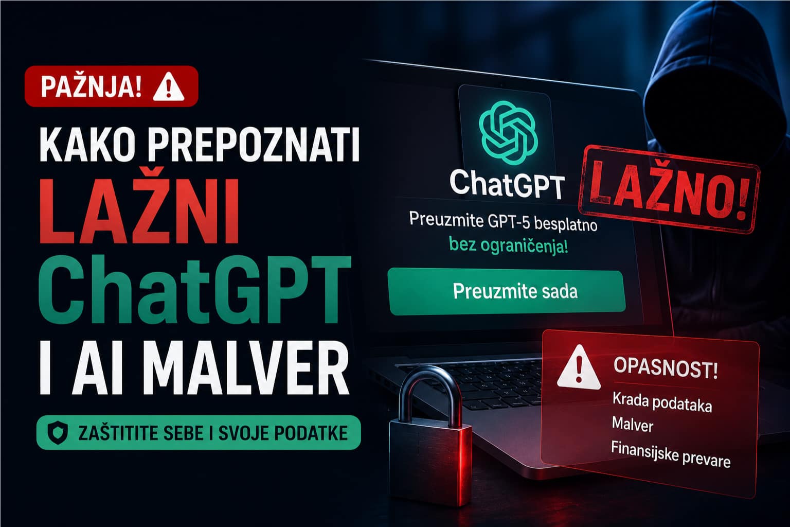 Vizual za blog članak o prepoznavanju lažnih ChatGPT aplikacija i AI malvera, sa laptopom, upozorenjima o sajber pretnjama i bezbednosnim savetima.