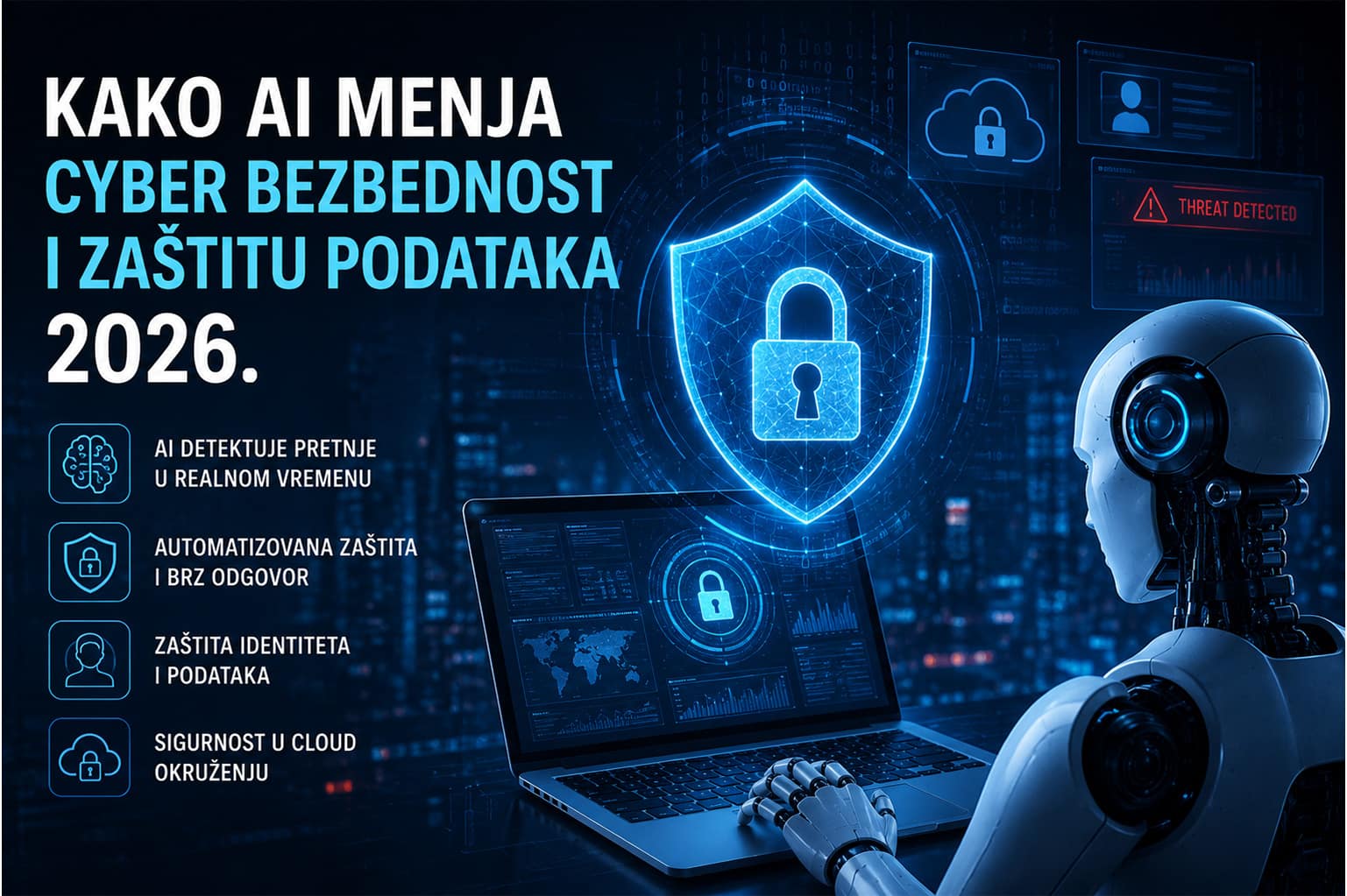 AI robot analizira podatke na laptopu dok digitalni sigurnosni štit štiti cloud okruženje i korisničke podatke od cyber pretnji u 2026. godini.