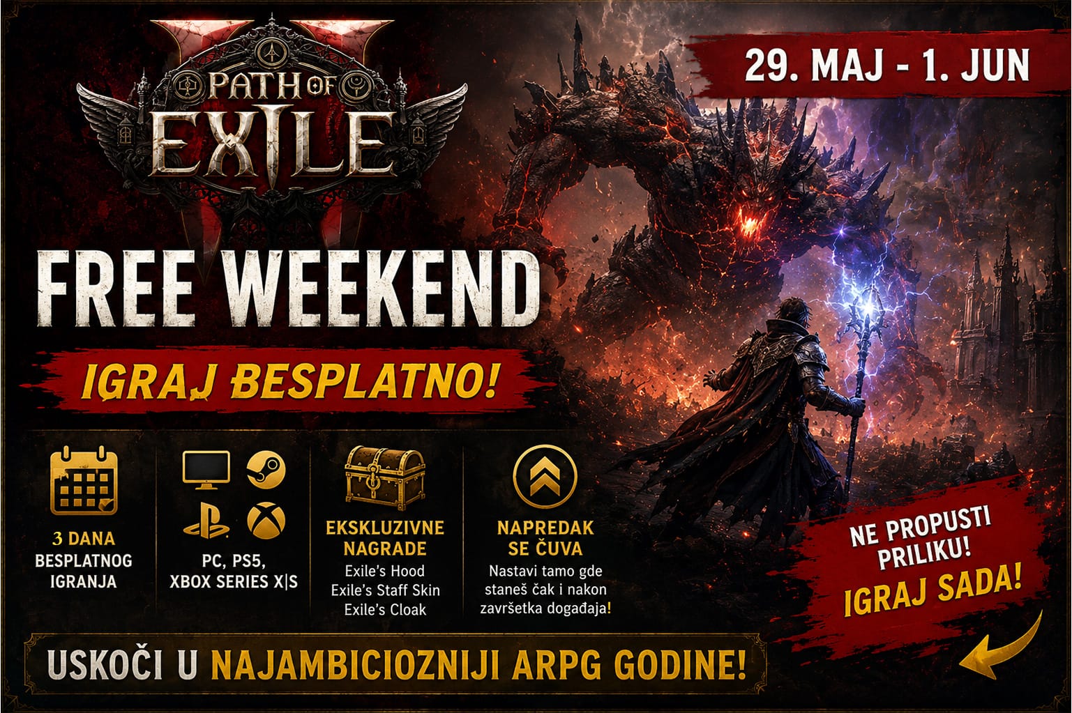 Path of Exile 2 Free Weekend promotivna grafika sa datumima događaja, besplatnim pristupom igri, ekskluzivnim nagradama i epskom borbom protiv ogromnog demona.