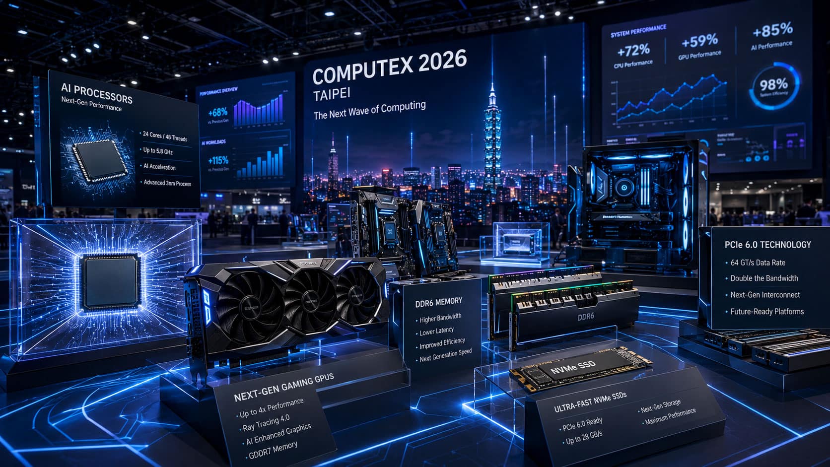 Futuristička hala sajma Computex 2026 u Tajpeju sa izloženim AI procesorima, gejming grafičkim kartama, DDR6 memorijom, NVMe SSD uređajima i PCIe 6.0 tehnologijama prikazanim kroz napredne digitalne prezentacije.