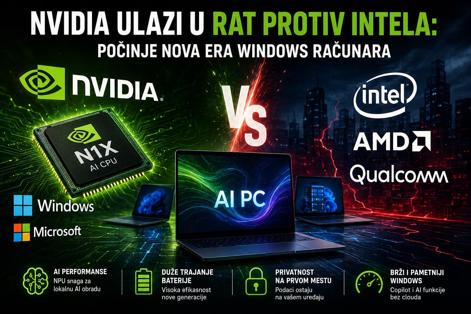 NVIDIA ulazi na tržište Windows procesora sa N1X AI čipom i uz Microsoft izaziva Intel, AMD i Qualcomm u novoj eri AI PC računara.
