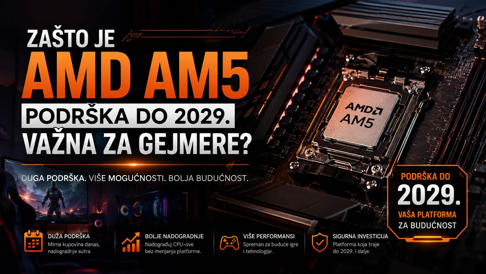 Baner za blog o AMD AM5 platformi sa procesorom na matičnoj ploči i istaknutom podrškom do 2029. godine, namenjen gejmerima koji planiraju dugoročne nadogradnje računara.