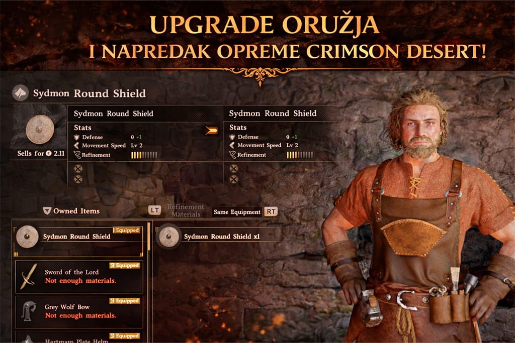 Crimson Desert upgrade oružja i napredak opreme prikaz sistema unapređenja štita i opreme kroz interfejs i crafting mehanike u Crimson Desert