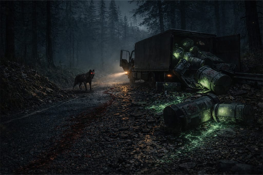 Rani incident infekcije u Arklay planinama – srušeni transportni kamion kompanije Umbrella iz kojeg cure biohazard kontejneri dok Cerberus mutirani pas posmatra iz tame šume