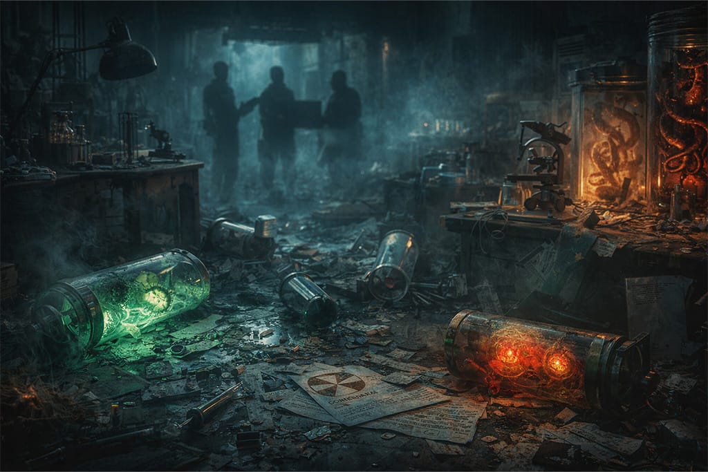 Resident Evil timeline RE6 pandemija prikazuje početak globalnog kolapsa u uništenoj Umbrella laboratoriji sa curenjem virusa i ilegalnom trgovinom bio-oružja, Resident Evil timeline RE6 pandemija scena nastanka krize