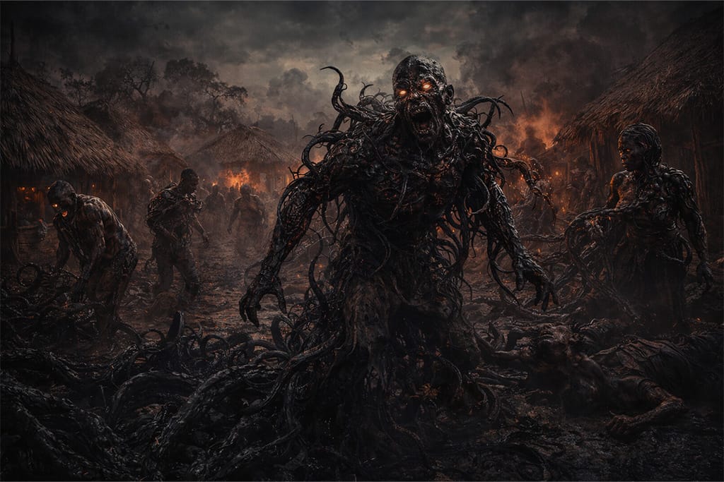 Afrički incident i Uroboros prikazuje zaraženo selo i širenje crnog organskog virusa kroz Resident Evil timeline sa Uroboros mutacijama