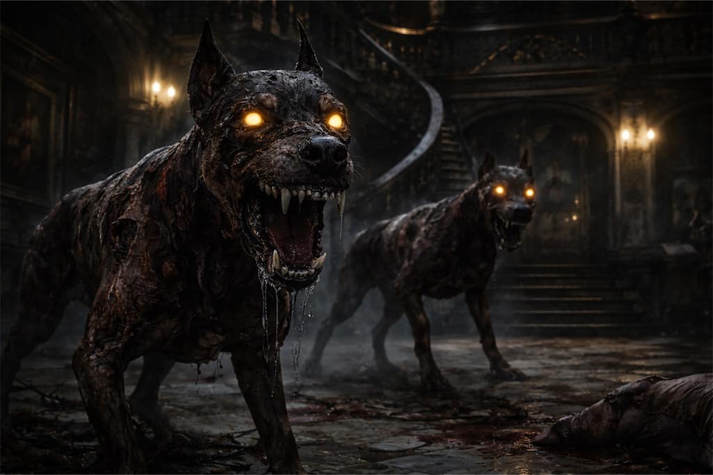 Cerberus mutirani psi T-virus Resident Evil timeline. Arklay šuma, zaraženi psi nastali Umbrella eksperimentima