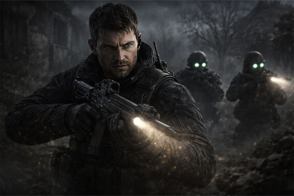 Chris Redfield u Resident Evil 8 Village tokom tajne operacije, mračna scena iz Resident Evil timeline sa BSAA timom u selu