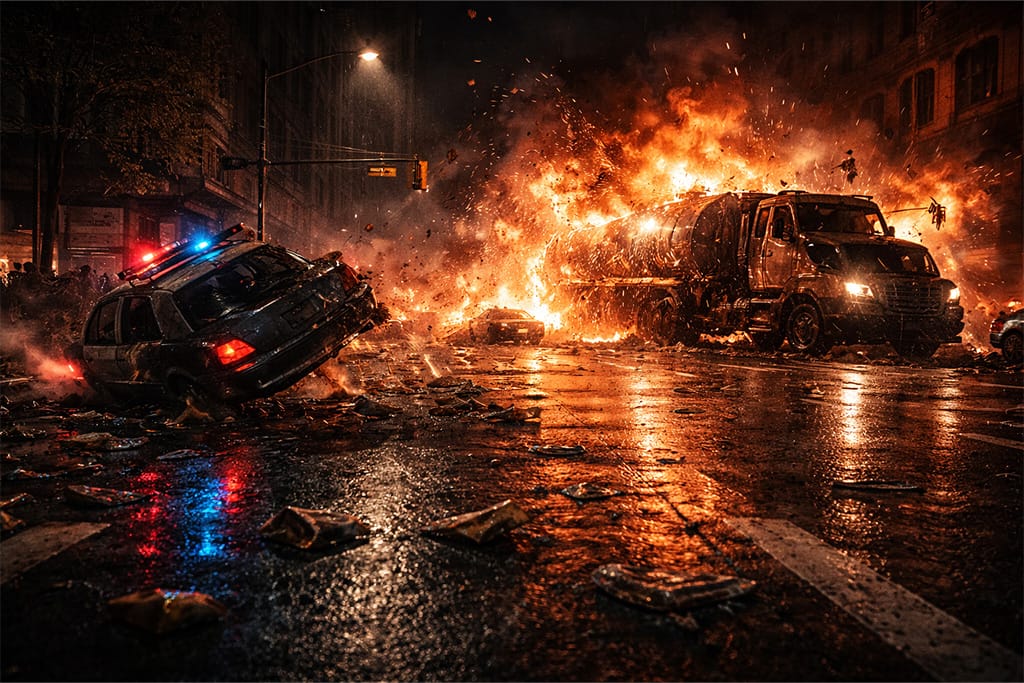 Claire put kroz Raccoon City dok ogromna eksplozija tankera razara raskrsnicu tokom zombi epidemije u Resident Evil serijalu