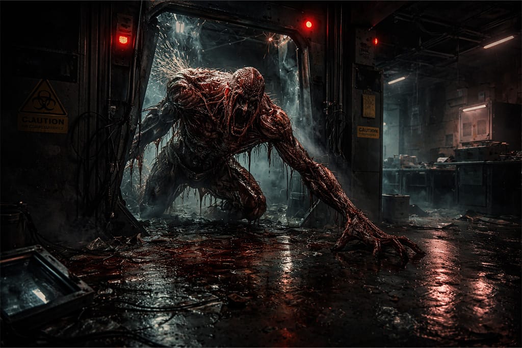 Claire put kroz Umbrella laboratoriju gde groteskna bioweapon mutacija izlazi iz razbijene istraživačke komore u Resident Evil serijalu