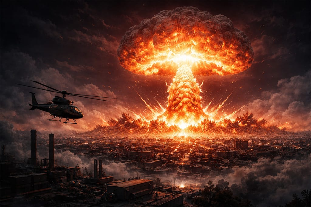 Destruction of Raccoon City nuklearna eksplozija iznad grada u Resident Evil serijalu dok helikopter beži iznad ruševina.