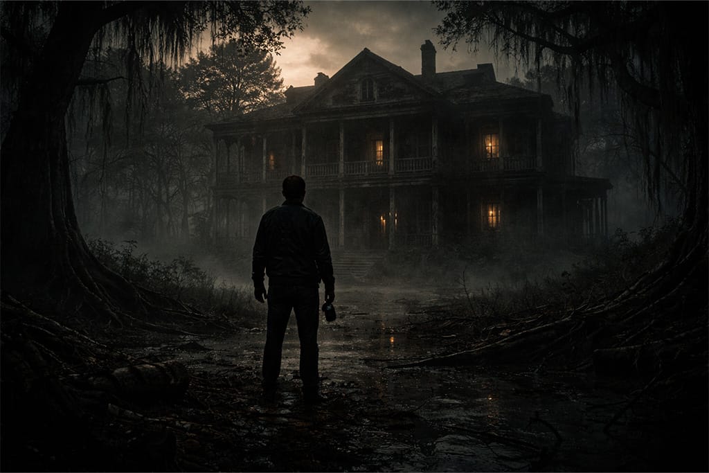 dolazak ethana wintersa u louisianu ispred napuštene kuće u resident evil timeline, mračna močvara i izolovana atmosfera u resident evil dolazak ethana wintersa u louisianu sceni