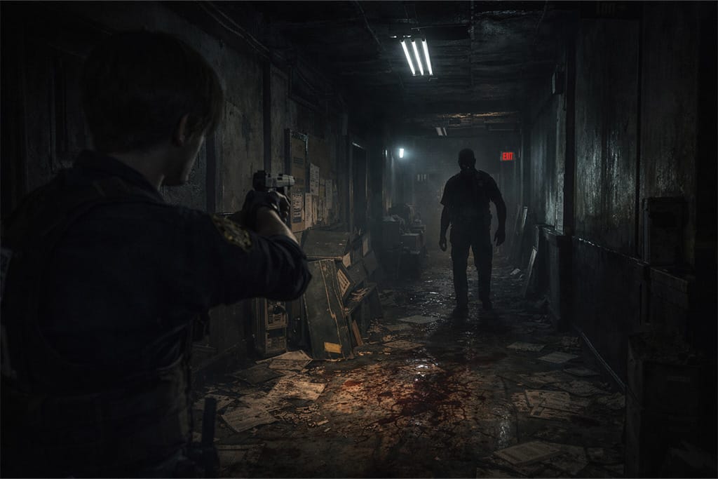 Dolazak Leona u R.P.D. dok Leon S. Kennedy u mračnom hodniku policijske stanice prvi put vidi zaraženog policajca