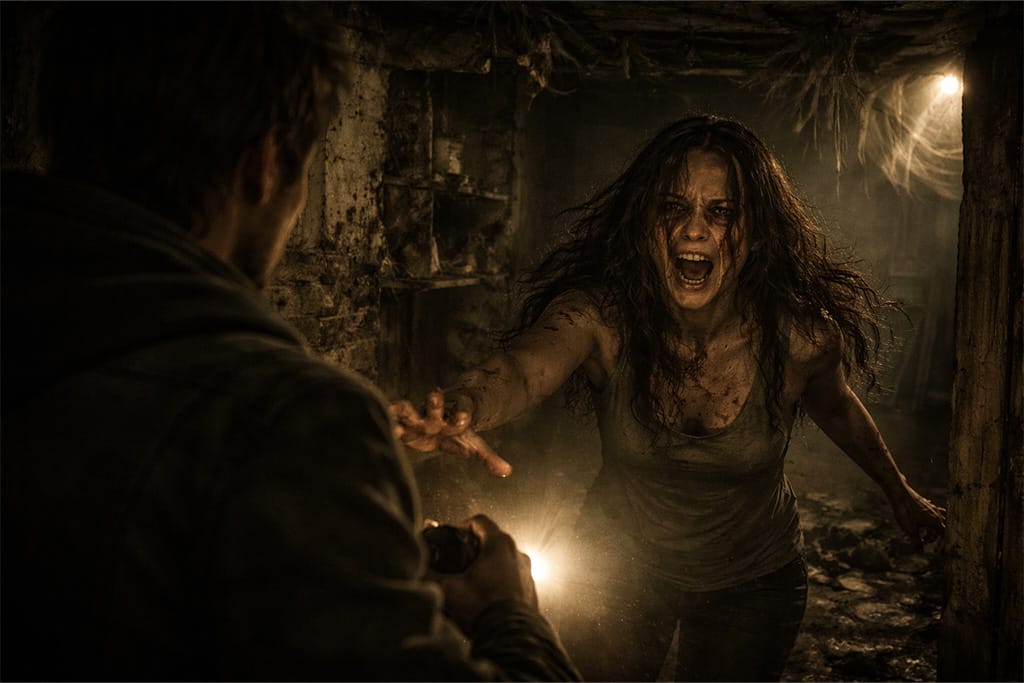 ethanov dolazak 2017 prvi susret sa mijom i početak haosa u resident evil timeline, mia u nasilnom stanju i ethan u mračnom podrumu resident evil scene