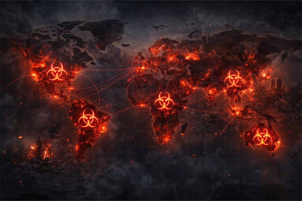 Resident Evil timeline globalni uticaj bio-terorizma prikazan kroz mapu sveta sa zonama infekcije, RE5 Uroboros širenje i posledice posle Umbrella korporacije