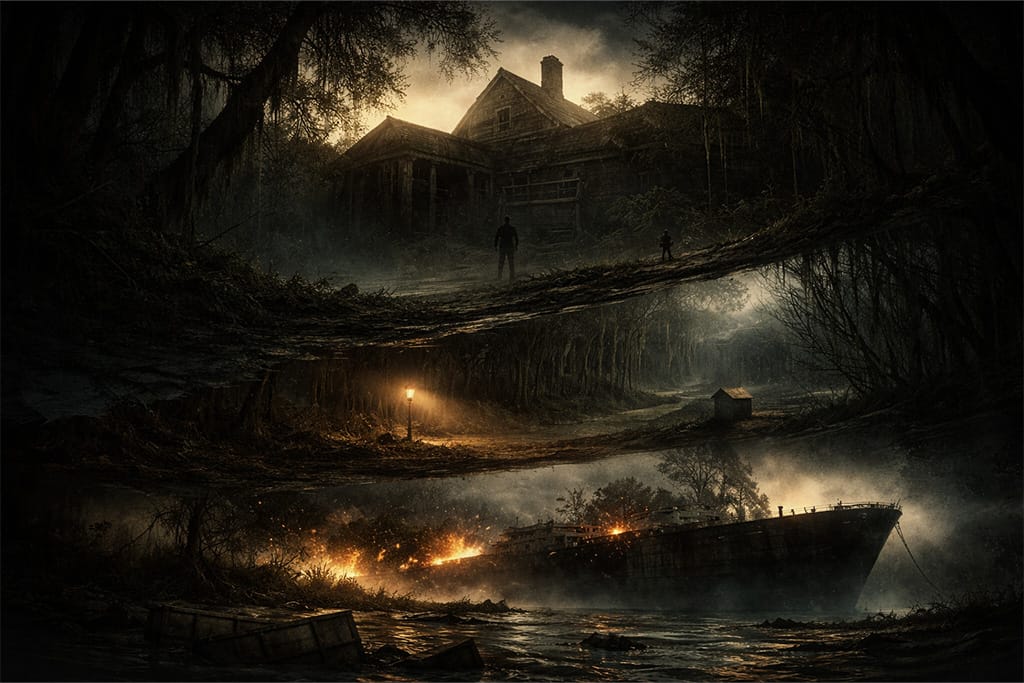 Hronologija baker incident u resident evil timeline kroz slojevitu scenu močvare, kuće i tanker nesreće, resident evil hronologija baker incident prikaz