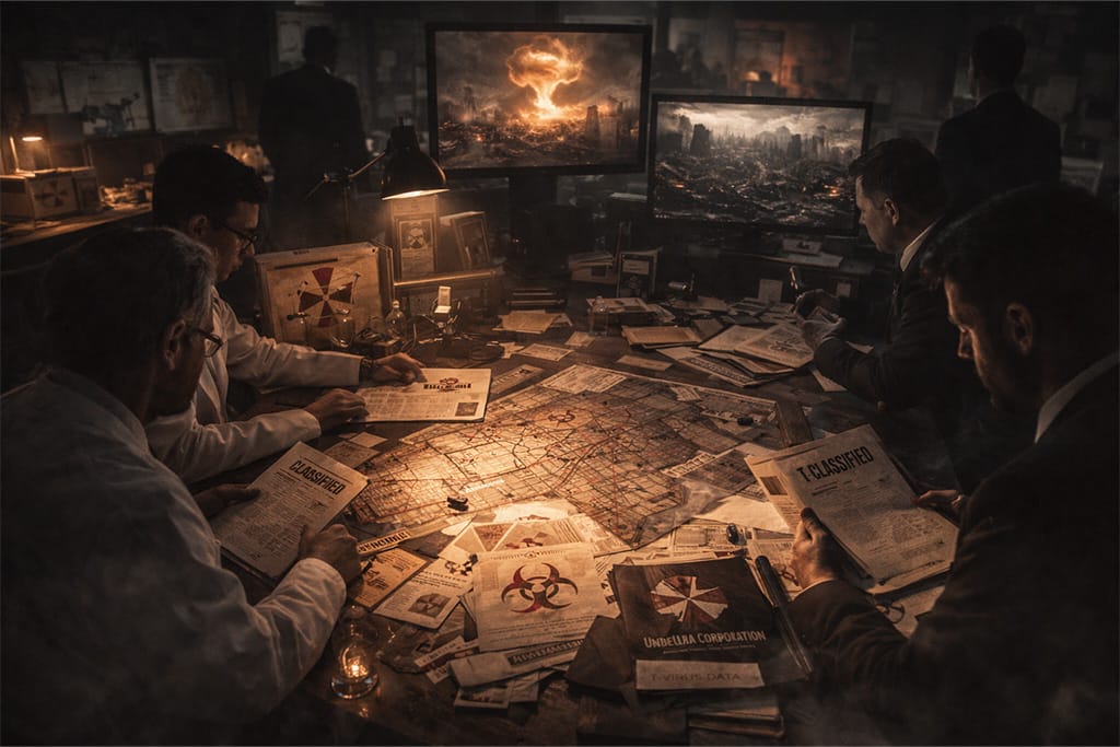 Tajna istražna soba sa dokumentima o Raccoon City incidentu dok agenti proučavaju podatke nakon događaja poznatog kao Nuklearni kraj u okviru Resident Evil timeline.