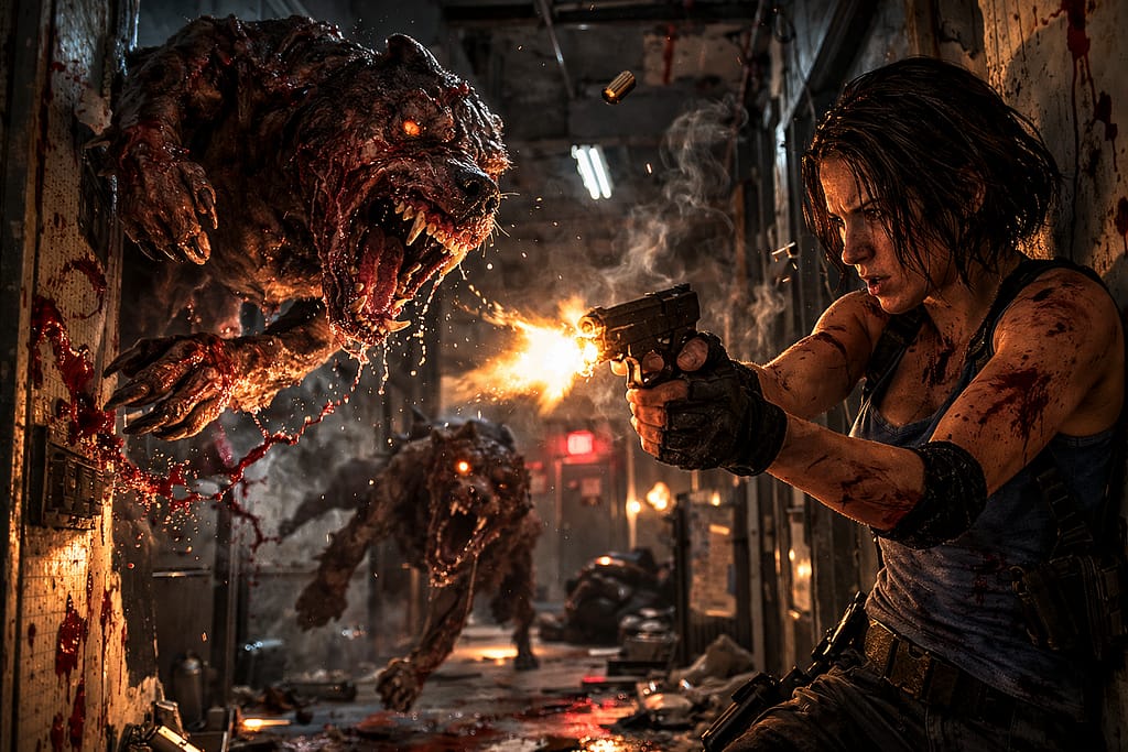 Jill Valentine borba protiv Cerberus zombi pasa u uskom hodniku Resident Evil timeline