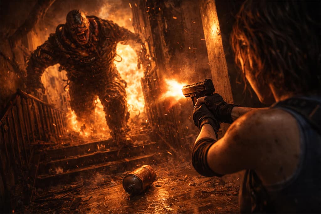 Jill Valentine puca u bocu trenutak pre eksplozije dok Nemesis dolazi niz stepenice Resident Evil timeline