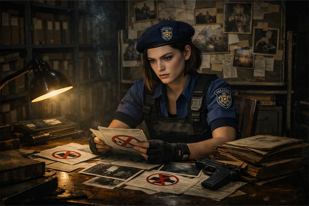 Jill Valentine u arhivi Raccoon Police Departmenta istražuje Umbrella Corporation dosijee tokom privatne istrage – Resident Evil timeline