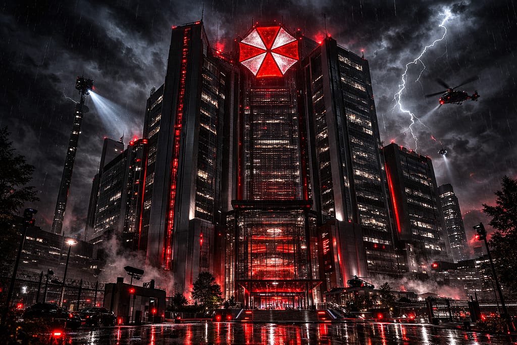 Kako je Umbrella Corporation postala globalna sila pre Pada Umbrelle prikazano kroz sedište korporacije u noći, deo priče iz Resident Evil timeline