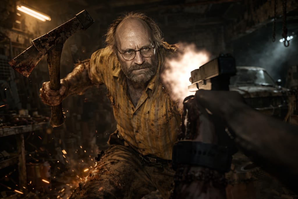 ključni sukobi tokom incidenta ethan vs jack baker u garaži u resident evil timeline, ethan cilja pištoljem dok jack baker napada sekirom u klaustrofobičnoj garaži