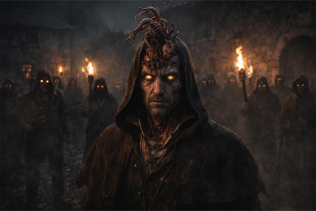 Resident Evil timeline Las Plagas infekcija prikazuje kontrolu parazita nad ljudskim domaćinom, zadržanu svest i organizovano ponašanje u zaraženom selu