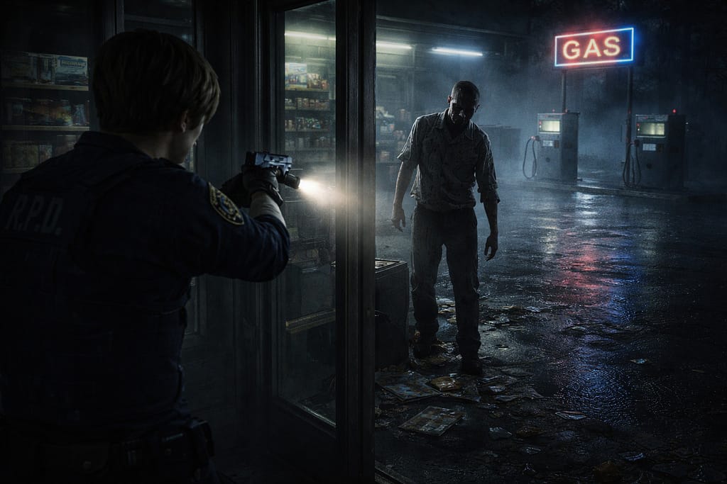 Resident Evil timeline scena u kojoj Leon S. Kennedy prvi put nailazi na zombija u prodavnici benzinske stanice blizu Raccoon City-ja