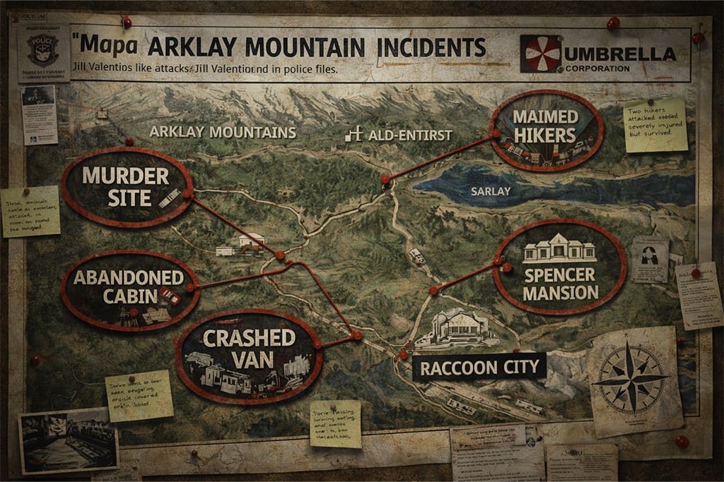 Mapa Arklay planina Resident Evil timeline – označeni incidenti koje je Jill Valentine pronašla u policijskim dosijeima