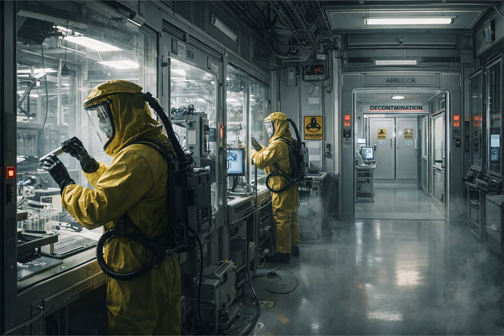 BSL-4 laboratorija sa naučnicima u biohazard odelima inspiracija za NEST laboratorija u Resident Evil timeline