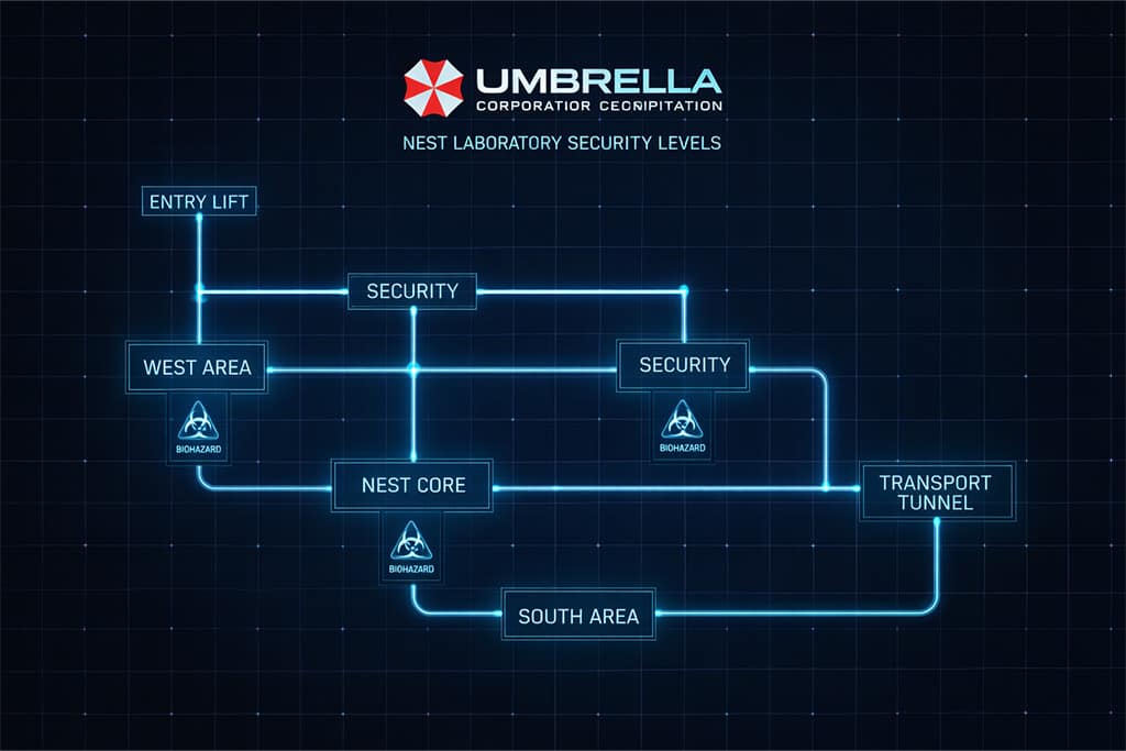 NEST laboratorija dijagram sigurnosnih nivoa pristupa u Resident Evil timeline priči