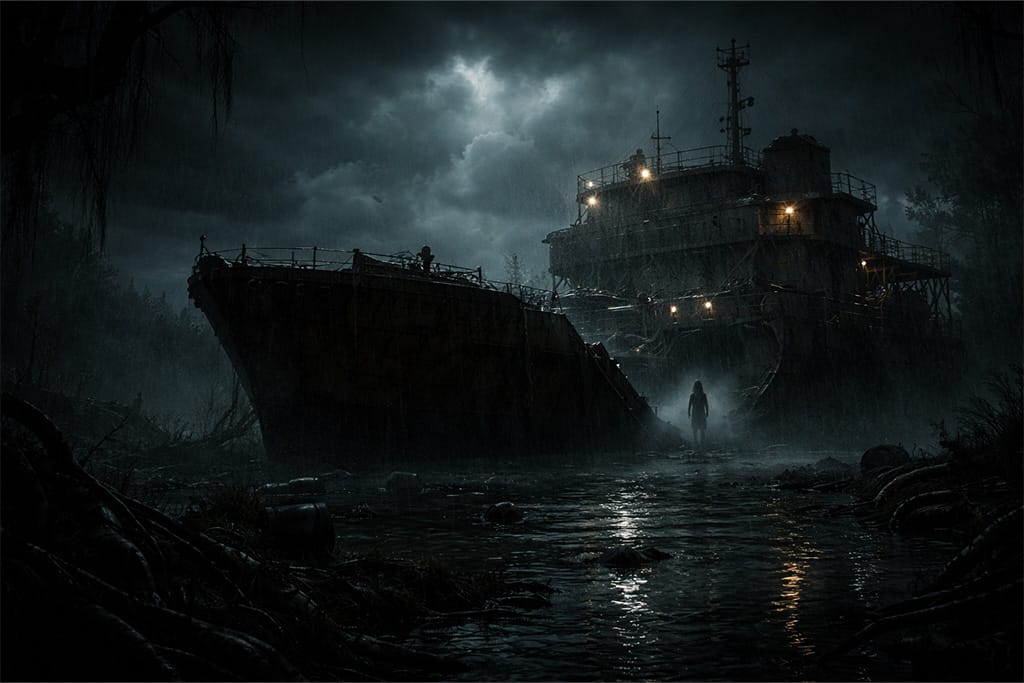 nestanak mie winters na napuštenom tanker brodu u resident evil timeline, mračna močvara i silueta devojčice u resident evil nestanak mie winters sceni