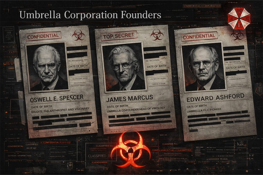 Osnivači Umbrella Corporation – Oswell E. Spencer, James Marcus i Edward Ashford u poverljivom dosijeu iz Resident Evil timeline