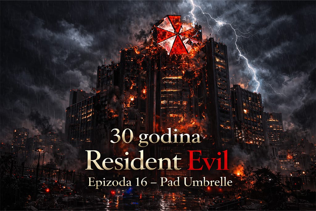 Pad Umbrella - goruće sedište Umbrella Corporation tokom događaja iz Resident Evil timeline, simbolični pad umbrella imperije nakon biološke katastrofe