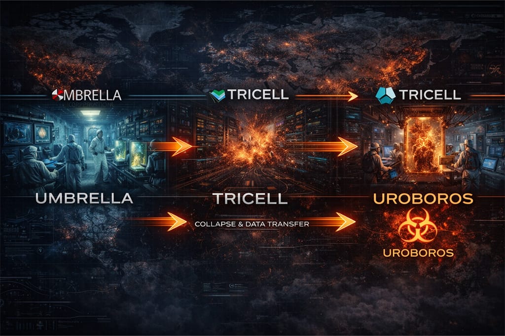 Resident Evil timeline povezanost sa ranijim Umbrella istraživanjima kroz prelazak na Tricell i razvoj RE5 Uroboros virusa kao nastavak Umbrella eksperimenata