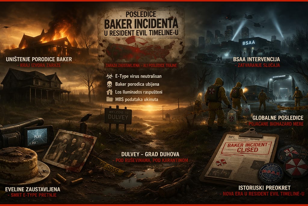 Posledice baker incidenta u resident evil timeline, uništeno imanje baker porodice, karantin i globalne posledice infekcije u resident evil svetu