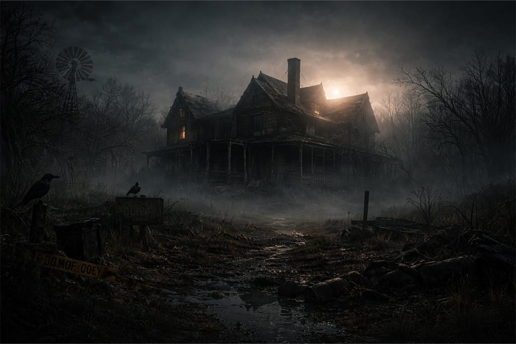 Resident evil baker incidenta u resident evil timeline-u, napuštena kuća u magli nakon baker incidenta u resident evil timeline, tišina posle horora