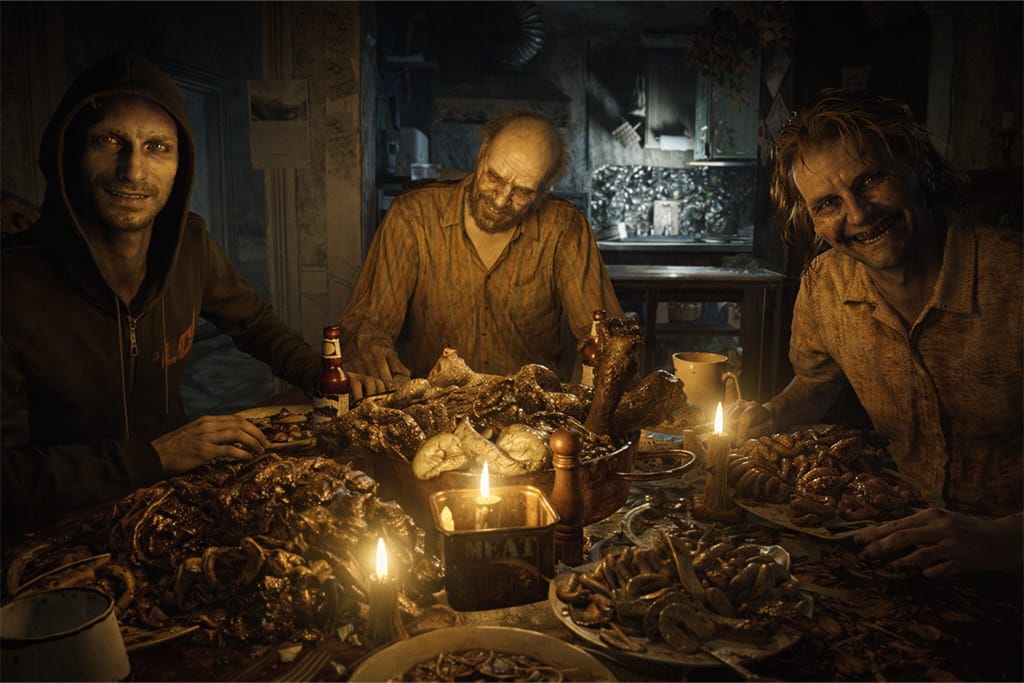 Resident evil bioterorizam baker porodica za stolom u resident evil timeline, izobličeni članovi porodice i trula hrana u resident evil bioterorizam sceni