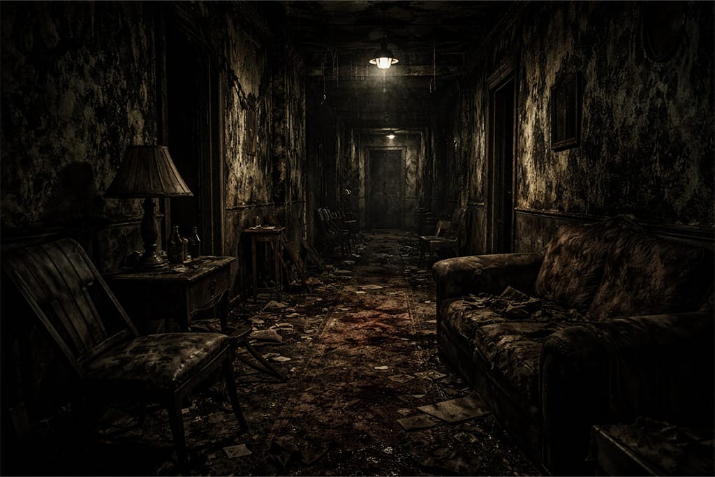 resident evil bioterorizam prikaz mračne kuće iz resident evil timeline, propala unutrašnjost sa plesni i uskim hodnikom u resident evil bioterorizam atmosferi