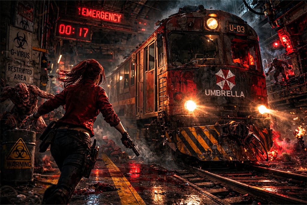Claire put kroz Umbrella podzemni tunel dok industrijski voz beži iz laboratorije tokom katastrofe u Resident Evil serijalu