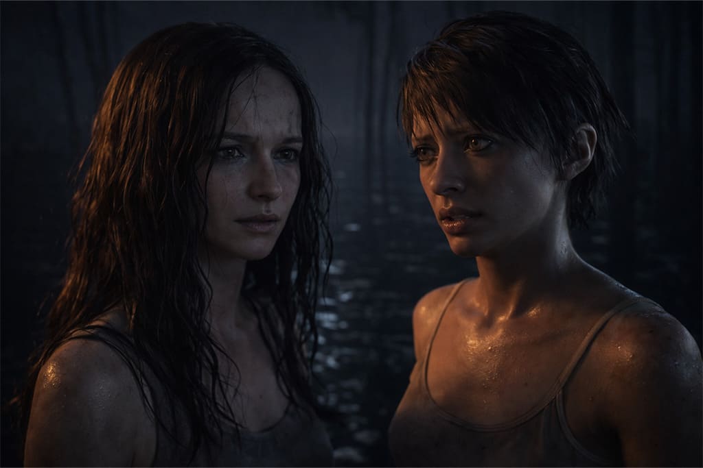 Resident evil izbor između mie i zoe u resident evil timeline, mia i zoe stoje u mračnoj močvari sa emocionalnom tenzijom i teškom odlukom