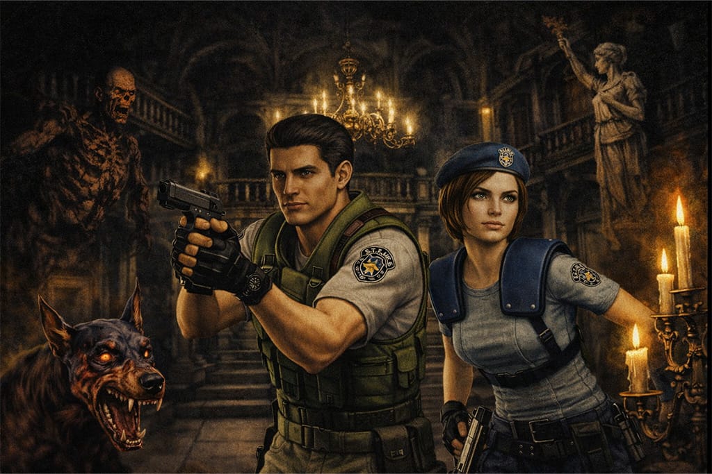 Resident evil nasleđe početak serijala i stvaranje survival horror žanra kroz likove Chris i Jill u Crimson Desert stilu vizuelnog prikaza